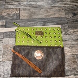 Michael Kors Lime Green Studded & Brown MK Logo Wristlet Set